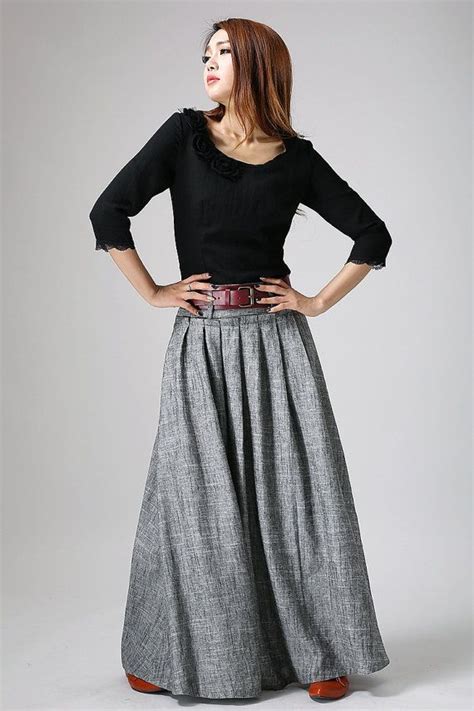 Women Linen Maxi Skirt Swing Long Pleated Skirt Gray Skirt Etsy Long Linen Skirt Pleated