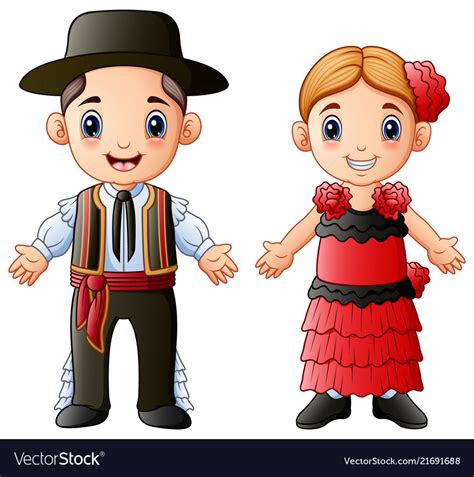 Cartoon Spanish Couple Wearing Traditional Costume