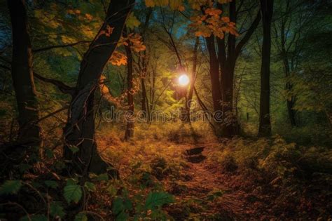 Enchanted Forest With The Harvest Moon Shining Through The Trees Stock