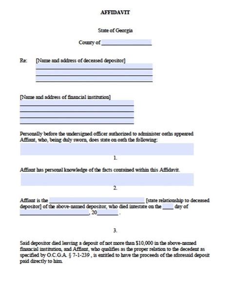 The contents of the affidavit has been. Free Georgia Small Estate Banking Affidavit Form | PDF - Word