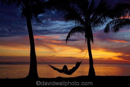Woman In Hammock And Palm Trees At Sunset Coral Coast Viti Levu
