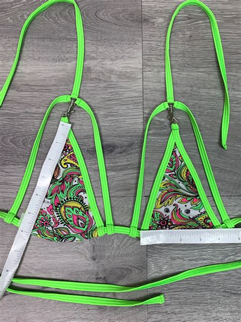 Micro Triangle Bikini Top Neon Green Paisley Print Rave Etsy