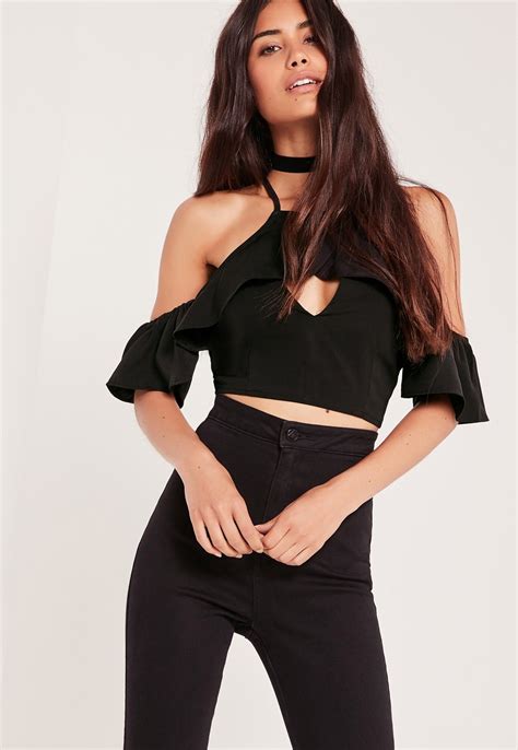 Missguided Frill Sleeved Crop Top Black Women Tops Online Tops