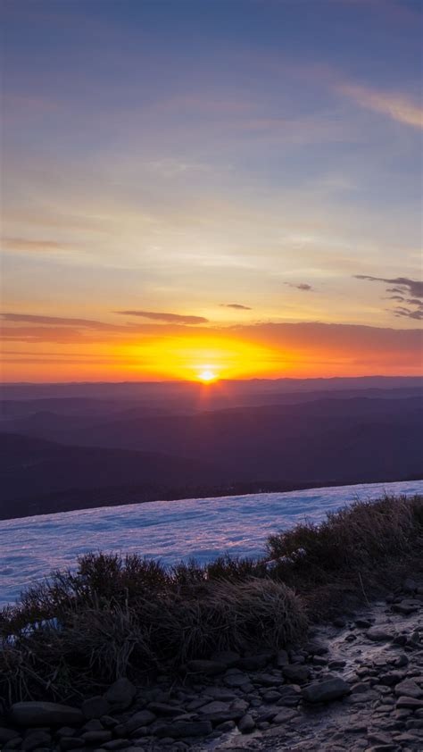 Wallpaper Mountain, Sunset, Sun, Snow, Horizon