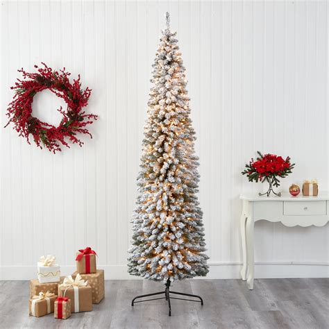 8ft Flocked Pencil Artificial Christmas Tree With 500 Clear Lights And