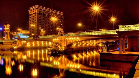 Обои город ночь мост река огни отражение картинки на рабочий стол