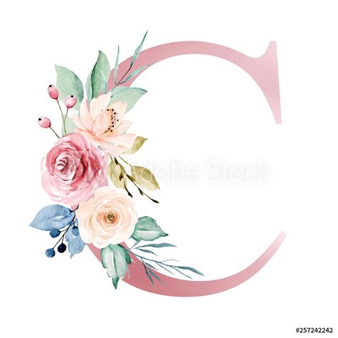 Floral Alphabet Letter C With Watercolor Flowers And Leaf Monogram