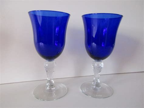Set Of 2 Cobalt Blue Crystal Goblets Clear Optic Glass Stem Etsy