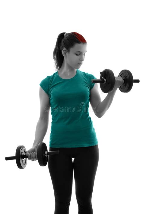 Sporty Young Woman Doing Bicep Curls With Dumbbells Stock Photo Image
