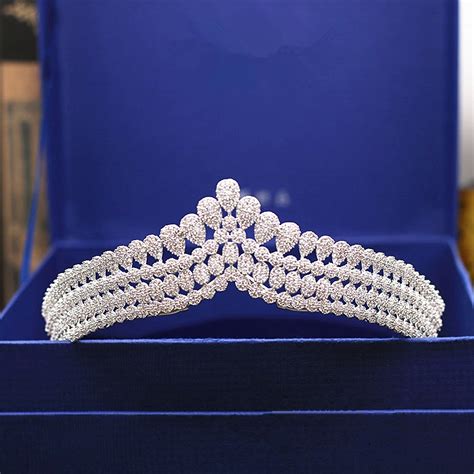 Micro Paved Cubic Zircon Tiara Pearl Drops Full Zirconia Crown Bridal