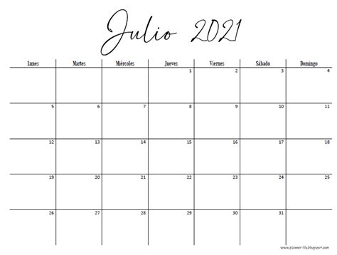Calendario Julio 2021 Para Imprimir Gratis