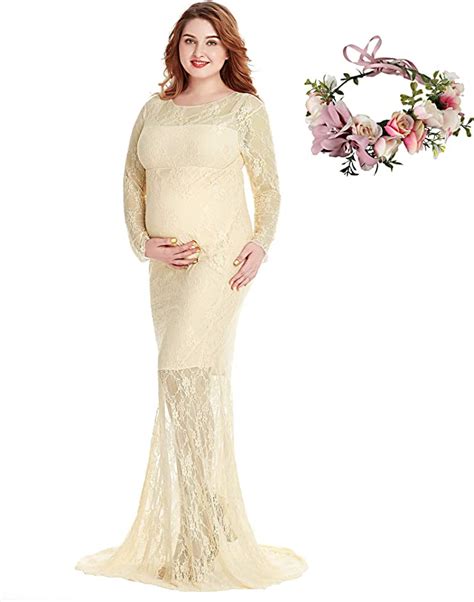 Women S Floral Lace Maternity Gown Long Sleeves Maxi Photography Dress