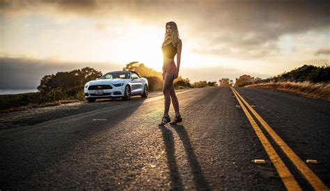 Wallpaper Blonde Sandals Road Car Jean Shorts Women Outdoors Sunset Belly 2048x1192