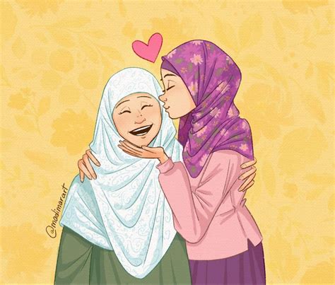 Hijabi Character Design Mother And Daughter Girls Cartoon Art Islamic Cartoon Illustration