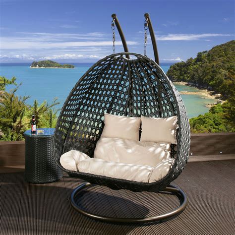 2 Seater Garden Swing/Hanging Chair Black Rattan Cream Cushion, Frame