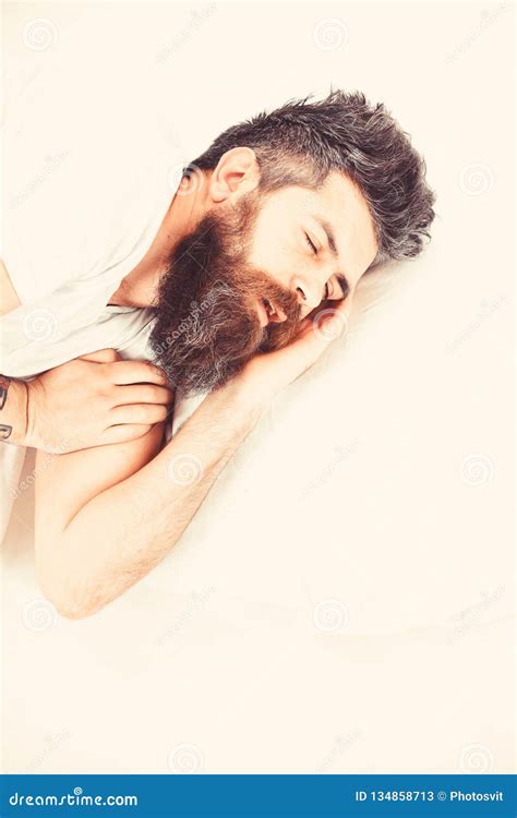Man With Sleepy Face Lies On Pillow Stock Image Image Of Leisure
