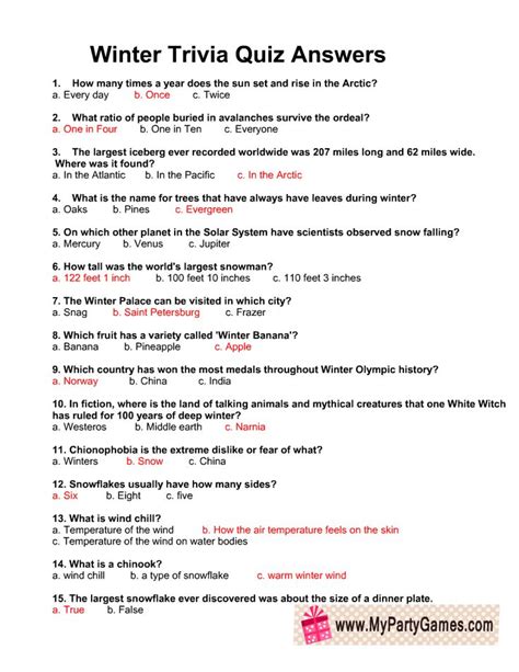 The Winter Trivia Quiz Answers Are Shown In Red And Black Text Which