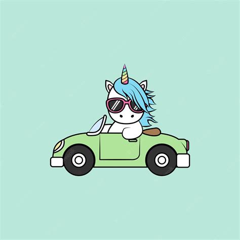 Unicórnio Fofo Dirigindo Desenhos Animados De Carro Vetor Premium