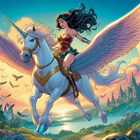 Wonder Woman Riding A Winged Unicorn In Themyscira By Fantasystar125 On