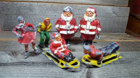 Vintage Barclay Lead Winter Figures With Skiing Santa Claus
