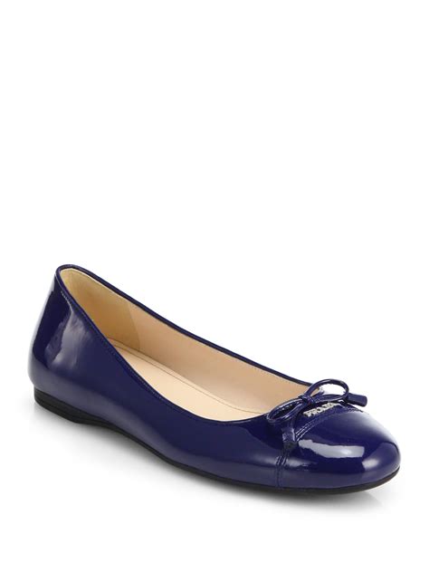 Prada Patent Leather Bow Ballet Flats In Navy Blue Lyst