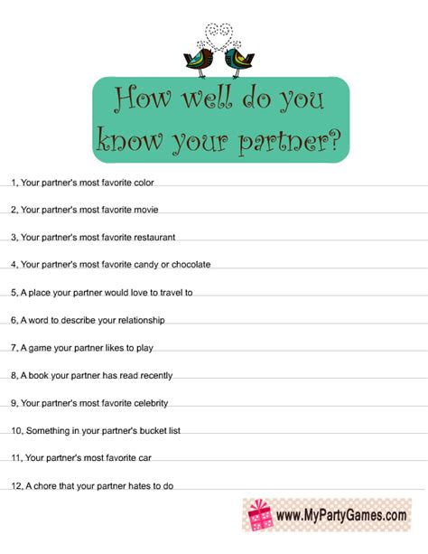 How Well Do You Know Your Partner Free Printable Game