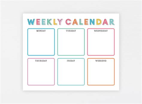 Kids Weekly Calendar Cute Colorful Printable Childrens Etsy