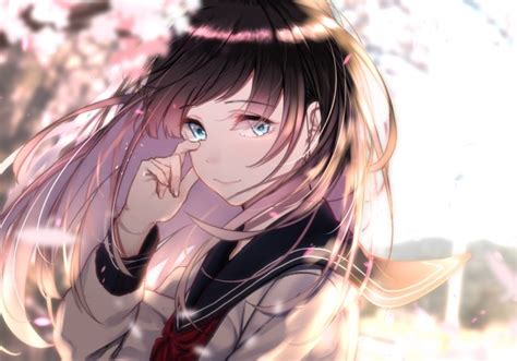 Wallpaper Anime Girl Crying School Uniform Tears Brown