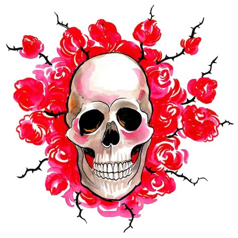 Premium Photo Human Skull And Red Roses Handdrawn Ink And Watercolor
