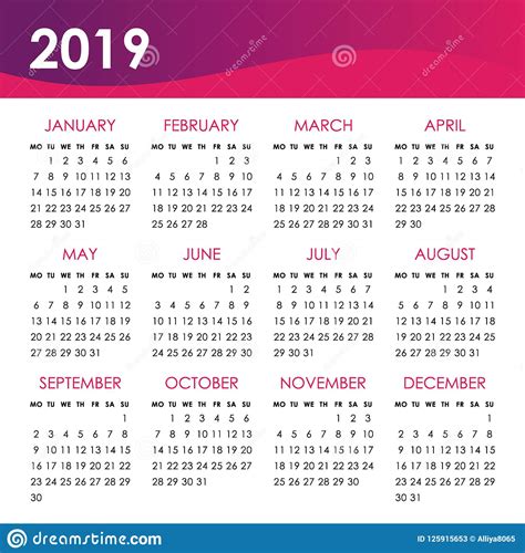 Vector Calendar For 2019 Year Week Starts Monday Stock Vector