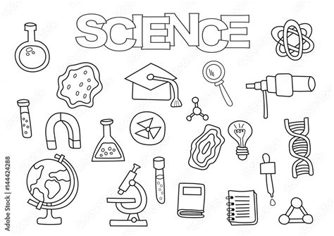 Science Elements Hand Drawn Set Coloring Book Template Outline Doodle Elements Vector
