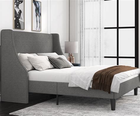 Allewie Queen Size Fabric Upholstered Platform Bed Frame With Wingback Headboard Light Grey