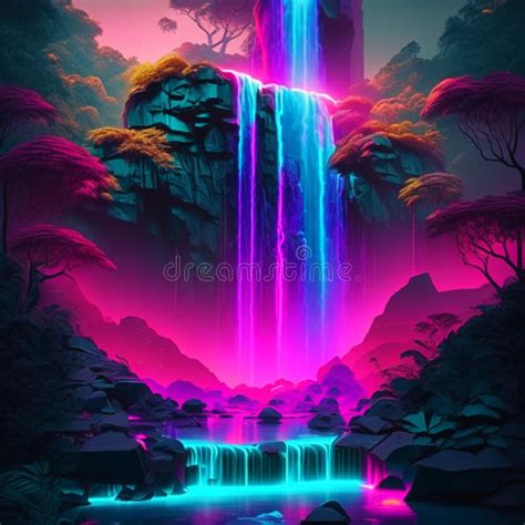 Digital Illustration Of A Fantasy Landscape With A Waterfall And A