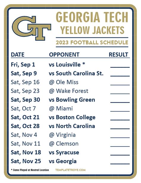 Printable 2023 Georgia Tech Yellow Jackets Football Schedule