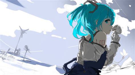 Hatsune Miku Vocaloid Cup Twintails Tattoo Gloves Blue Hair Bangs Looking At Viewer