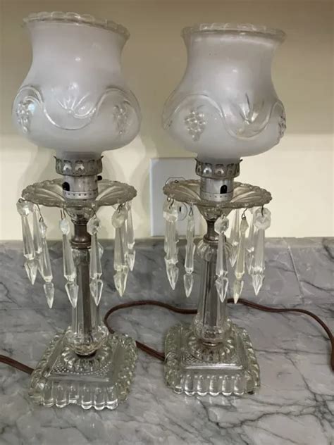 VINTAGE PAIR OF Boudoir Glass Lamps With Frosted Shades Plastic Prisms PicClick