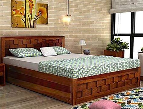 Liza Wood Decor King Size Sheesham Wood Bed With Storage Honey Teak Finish Home