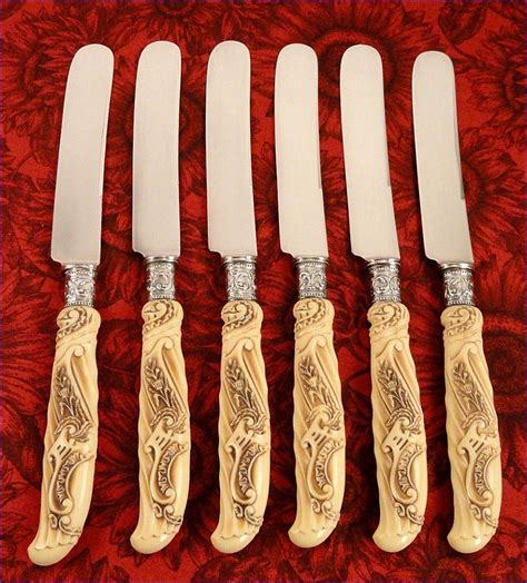 Set 6 Antique 1890s Carved French Ivory Thistle And Sterling Silver