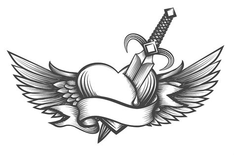 Winged Heart Pierced By Dagger Drawn In Tattoo Style By Olena1983 Thehungryjpeg