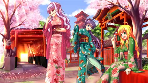 Wallpaper Anime Girl Kimono Sakura Gates 1920x1080