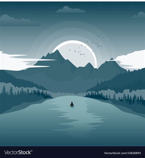 Beautiful Landscape With Mountain Lake At Dawn Vector Image