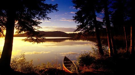 Hd Wallpaper Boat Lake Sunset Trees Beautiful Natural Scenery