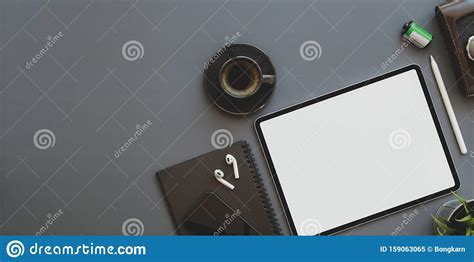 Blank Screen Tablet With Office Supplies On Trendy Photographer