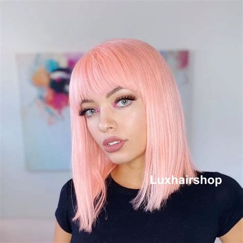 Peruvian Hair Pink Color Straight Lace Front Bob Wig With Bangs Pink