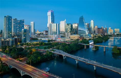 Aerial View Of Austin City With River And Skyscrapers In Texas Stock