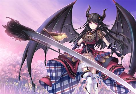 Download 1920x1080 Anime Girl Devil Horns Black Wings Bird Lolita