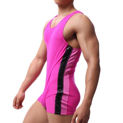 Sexy Men Undershirt Leotard Mesh Pu Leather Jumpsuit Breathable Bodysuit Boxers Wrestling