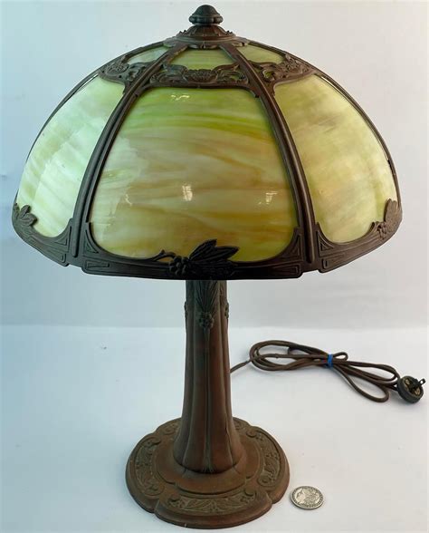 Lot Antique Art Nouveau Green And Carmel 6 Panel Slag Glass Overlay 2 Socket Table Lamp