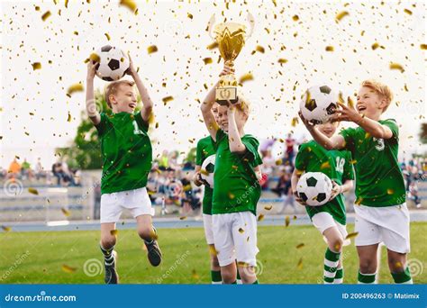 Kids Celebrating Sports Success Victory Of Children Football Team In
