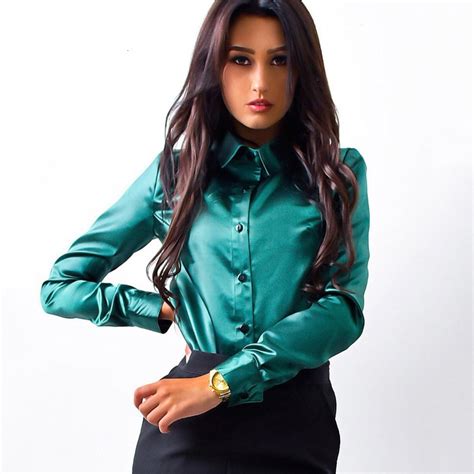 Women Fashion Silk Satin Green Blouses 2017 Autumn Long Sleeve Blouse Femme Office Work Elegant